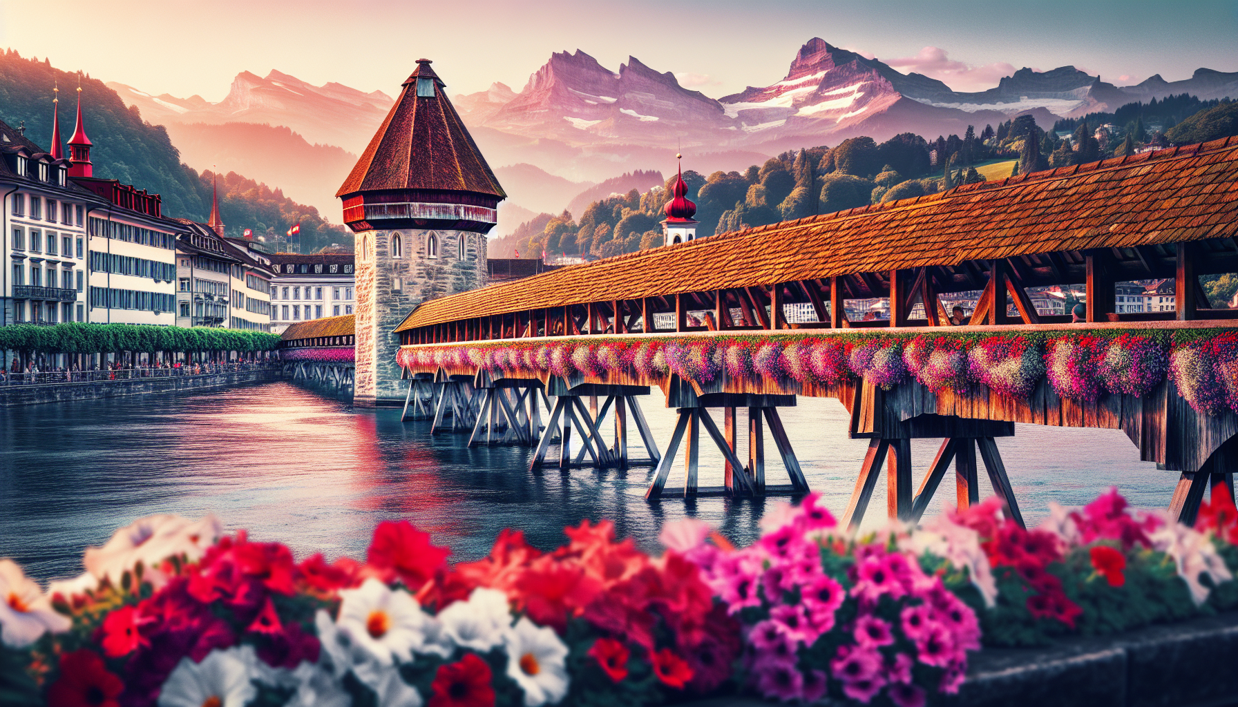Lucerne, Switzerland: Medieval buildings, Chapel Bridge, and the Music Wall and Towers